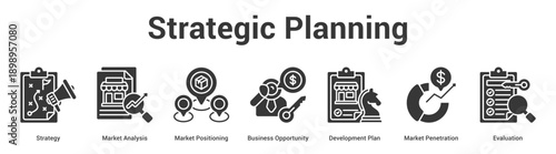 Strategic Planning web banner icon set vector illustration concept for business with icon of Strategy, Market Analysis, Market Positioning, Business Opportunity, Development Plan, Mar.