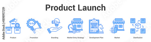 Product Launch web banner icon set vector illustration concept for business with icon of Product, Promotion, Branding, Market Entry Strategy, Development Pl.