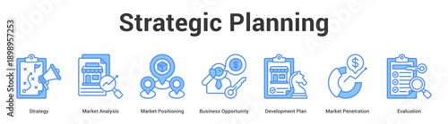 Strategic Planning web banner icon set vector illustration concept for business with icon of Strategy, Market Analysis, Market Positioning, Business Opportunity, Development Plan, Mar.
