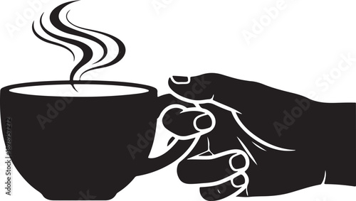 Hand Holding Coffee Cup Icon – Hot Drink and Beverage Symbol in Black Silhouette

