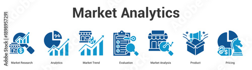 Market Analytics web banner icon set vector illustration concept for business with icon of Market Research, Analytics, Market Trend, Evaluation, Market Analys.