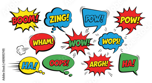Comic book speech bubbles with colorful explosion words