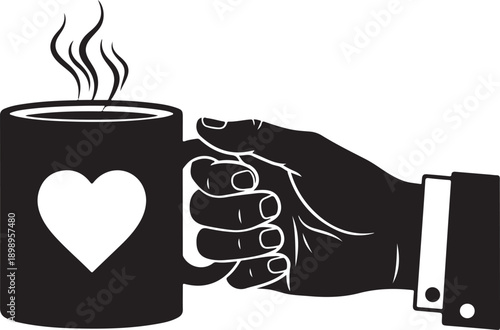 A hand holding a mug with a heart on it and steam rising from the top.