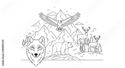 Black and white illustration of animals in a mountainous landscape with trees and an eagle flying overhead