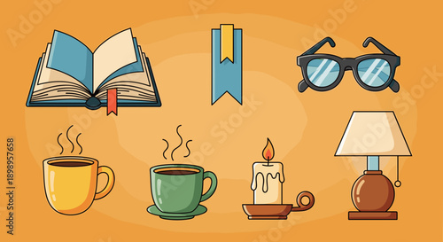 Colorful icons of reading and relaxation items on orange background