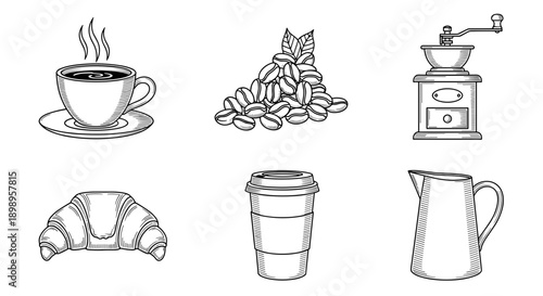 Black and white illustration of coffee related items