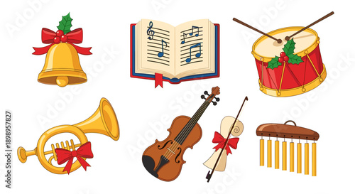 Christmas music instruments icons set including bell and violin