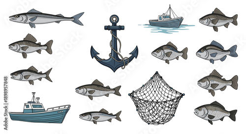 Collection of nautical icons including fish, boat, anchor, and net