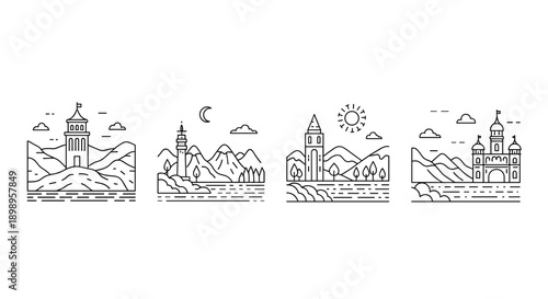 Four black and white city skylines with mountains and weather conditions