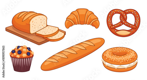 Assorted baked goods including bread rolls and sweet treats