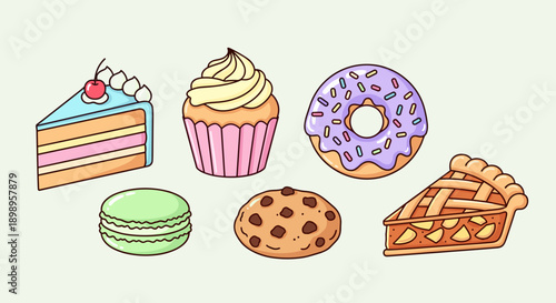 Assorted sweet baked goods including cake, cupcake, donut, cookie, macaron, and pie on a light green background