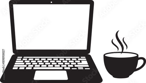 A laptop computer next to a steaming cup of coffee on a table.