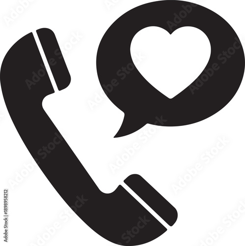 A simple black icon of a telephone receiver with a speech bubble containing a heart.