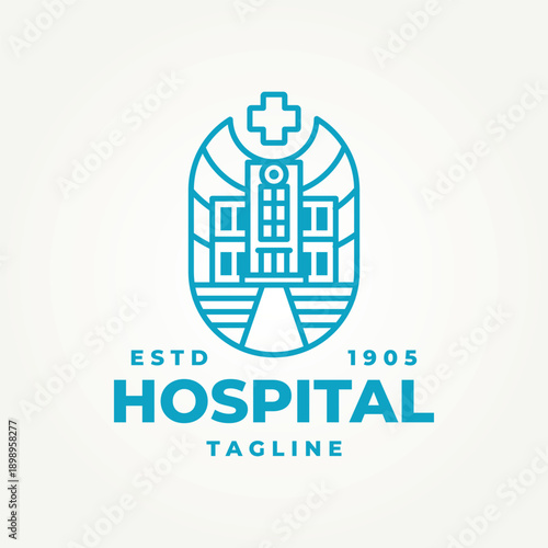 hospital building line art icon badge logo vector illustration design. medical healthcare nursing hospital emblem logo concept