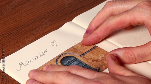 A hand writing entries in a memory book, pasting printed photos. The concept of solo travel, creating unique memories and personal experiences.