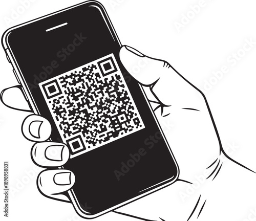 Hand holding smartphone with QR code vector illustration for digital payment, technology, and modern communication design

