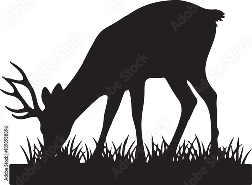 A simple black silhouette of a deer grazing on grass against a white background.