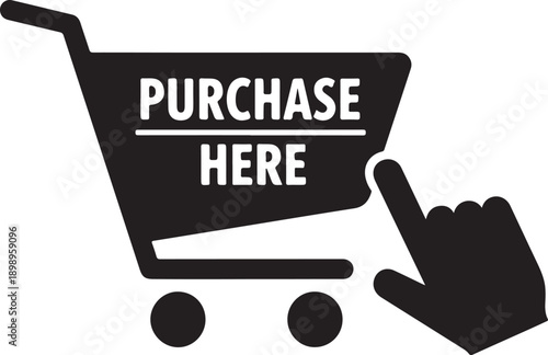 A black shopping cart icon with a hand pointing to it and the words purchase here on a white background.