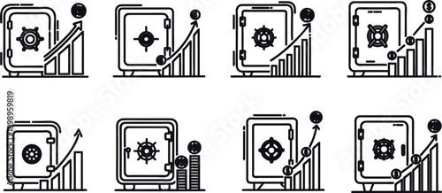 Black and white line icons of safe boxes with graphs and charts showing financial growth and security  business and finance concepts