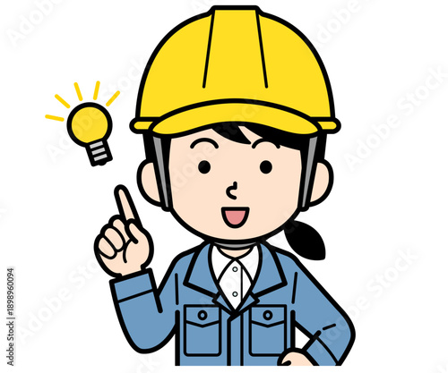 アイデアをt閃くヘルメットをかぶった現場監督の女性