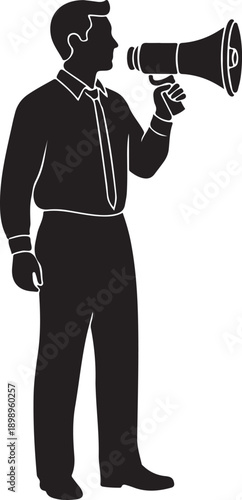 Man in suit holding megaphone, announcing or making a public statement black silhouette.