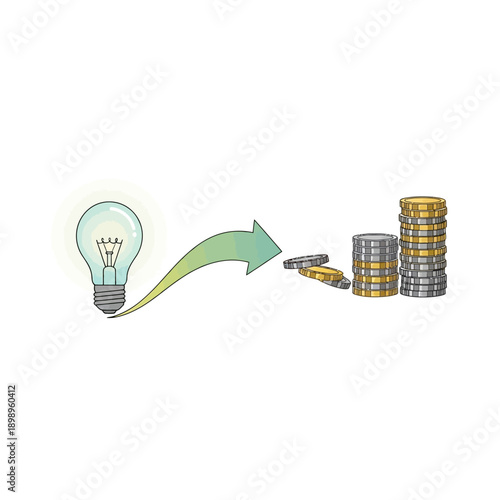 Light bulb idea transforms into money and coins.