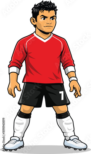 Vector cartoon illustration of a professional football wearing a classic red football jersey and black shorts, standing confidently in a ready position. The character a modern flat design. Basic RGB