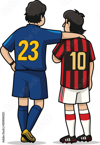 Cartoon-style vector illustration of two famous football players standing side by side from the back, showing sportsmanship and friendship on the soccer field. The illustration features a flat design.