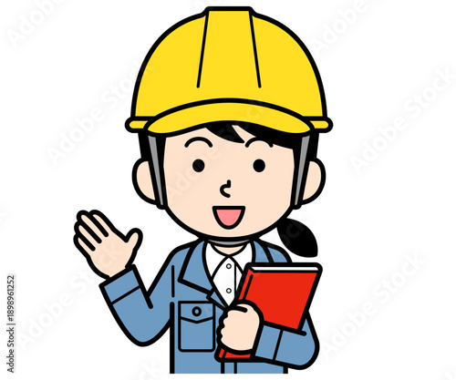 ファイルを持って案内するヘルメットをかぶった現場監督の女性