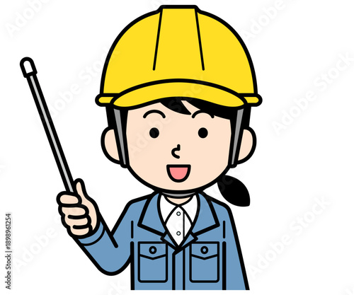指し棒を持つヘルメットをかぶった現場監督の女性