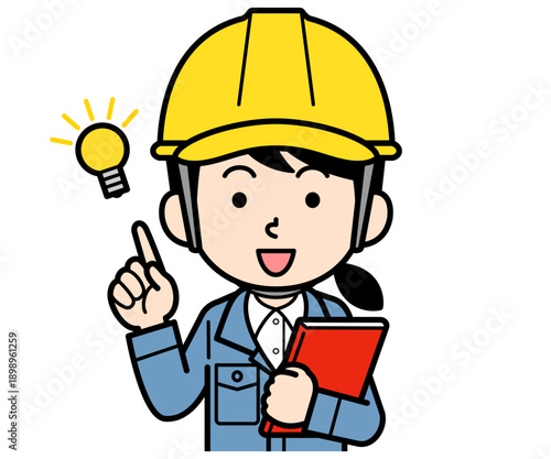 ファイルを持ってアイデアを閃くヘルメットをかぶった現場監督の女性
