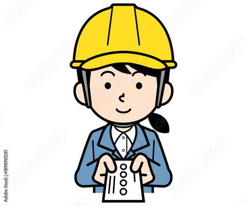 名刺を差し出すヘルメットをかぶった現場監督の女性