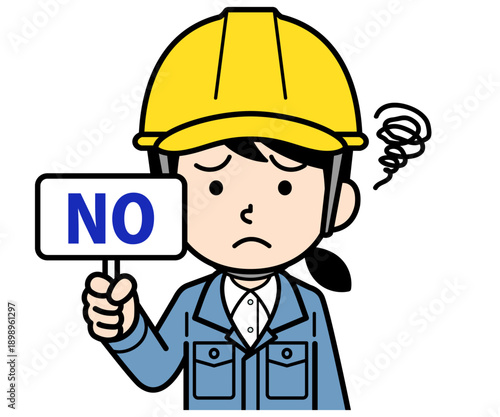 NOの札を持つヘルメットをかぶった現場監督の女性