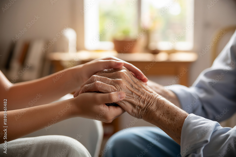 Naklejka premium 高齢者の手を優しく包む若者の手 Generative AI