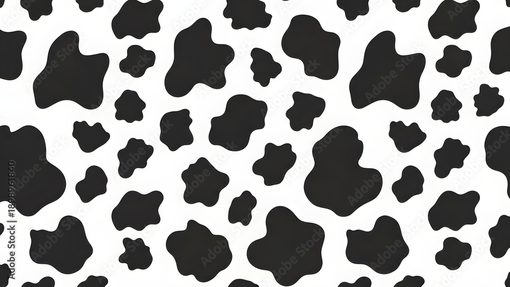 Obraz premium Seamless pattern of black irregular cow spots on a white background, resembling a dairy cow's hide.