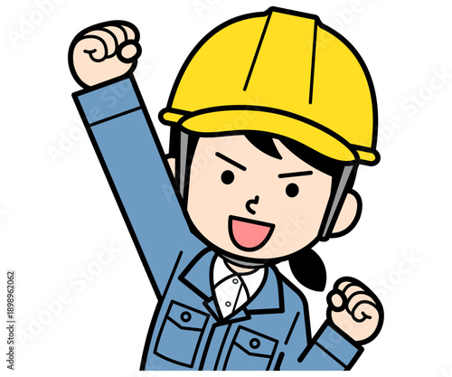 気合を入れるヘルメットをかぶった現場監督の女性