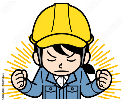 力を溜めるヘルメットをかぶった現場監督の女性