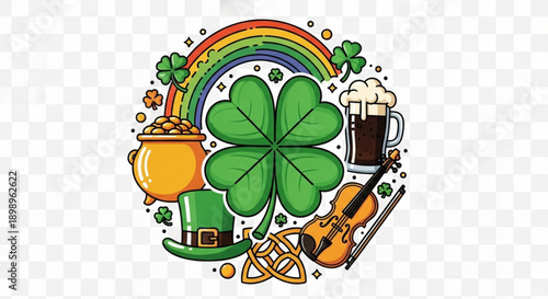 St patrick's day illustration with shamrock rainbow beer violin