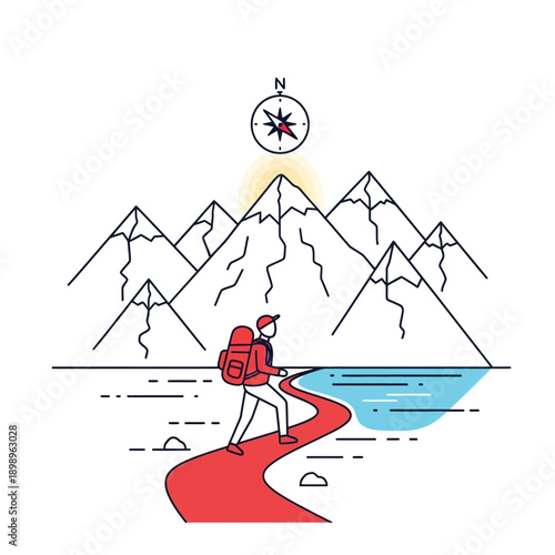 Wallpaper Mural Man with backpack hiking on a red path towards mountains. Torontodigital.ca