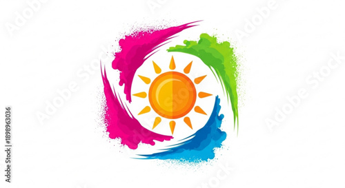 Vibrant sun icon with colorful splashes and bright orange center