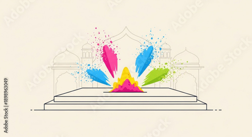 Colorful powder explosion on platform with architectural background