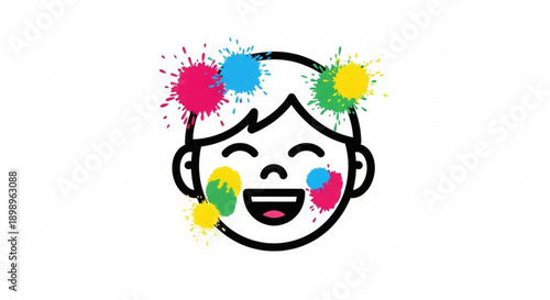 Happy child face with colorful paint splatters and smiles