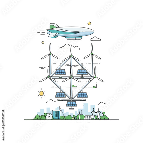 Wallpaper Mural Futuristic Renewable Energy Station with Blimp and Wind Turbines. Torontodigital.ca