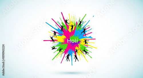 Vibrant holi celebration with colorful splash and dancing silhouettes