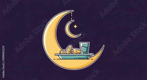 Crescent moon with dates and drink for ramadan celebration night