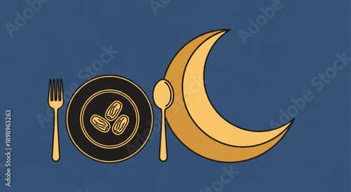 Fasting or ramadan concept with plate utensils and crescent moon