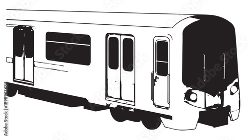 Black and white illustration of a modern metro train viewed from the front.