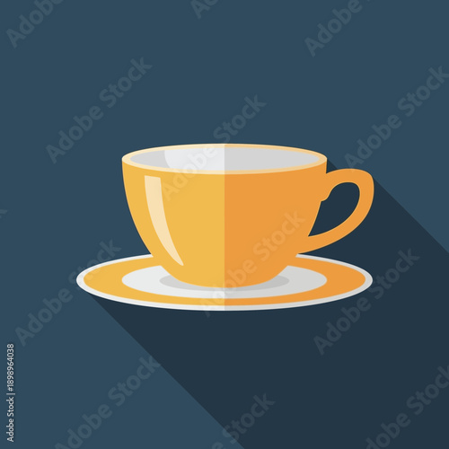 Orange coffee cup and saucer, flat design with shadow