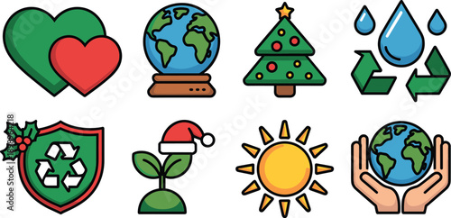 Eco, friendly, environmental, icons, set, showing, love, earth, recycling, water, energy, christmas, sustainability, green, protection, planet, care, vector, illustration, design