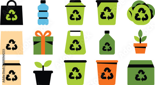 Eco, recycling, icons, set, showing, reusable, bags, bottles, waste, bins, green, sustainability, environmental, protection, zero, waste, lifestyle, vector, illustration, collection